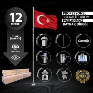 12 Metre İnox 304 Kalite Paslanmaz Krom Çelik Profesyonel Bayrak Direği
