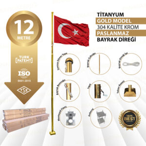 12 Metre İnox 304 Kalite Paslanmaz Krom Çelik Titanyum Gold Bayrak Direği