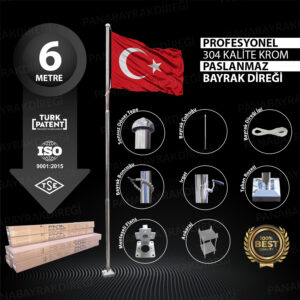 6 Metre İnox 304 Kalite Paslanmaz Krom Çelik Profesyonel Bayrak Direği