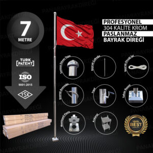 7 Metre İnox 304 Kalite Paslanmaz Krom Çelik Profesyonel Bayrak Direği