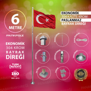 6 Metre İnox 304 Kalite Paslanmaz Krom Çelik Ekonomik Bayrak Direği